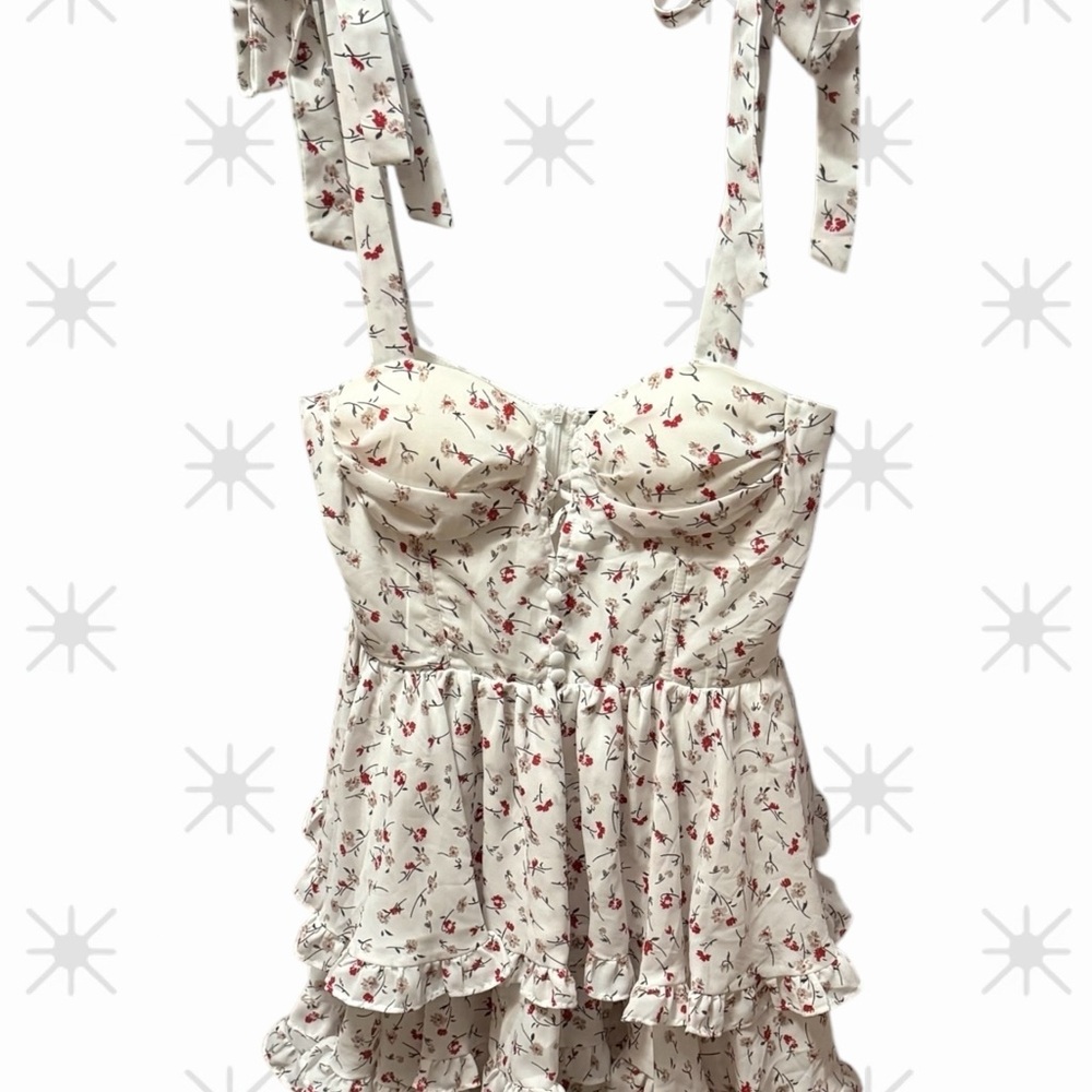 Mini Floral Dress with Bow Straps - Front faux buttons - Zipper back-Sz L